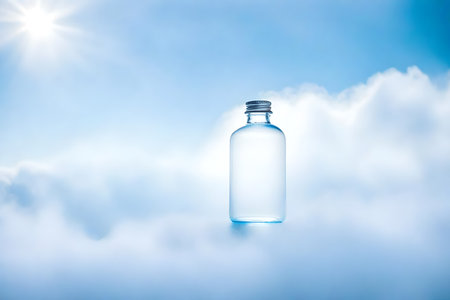 Empty glass bottle on blue sky background with clouds. Mock up.の素材