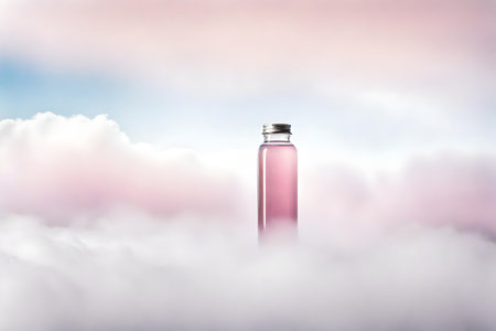 Cosmetic bottle with pink liquid on clouds background. Mock up, 3D renderingの素材