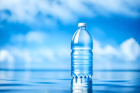 Plastic bottle of water on blue sky background with reflection in waterの素材