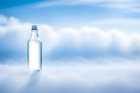 Bottle of vodka on blue sky background with clouds. Copy spaceの素材