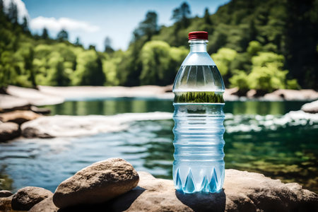 Bottle of mineral water on the rock near the mountain river.の素材