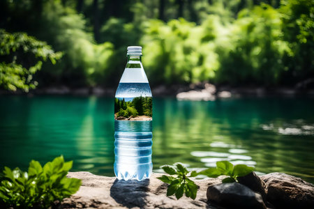Bottle of water with nature landscape on the rock and lake backgroundの素材