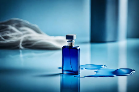 bottle of perfume with blue liquid on blue background, closeupの素材