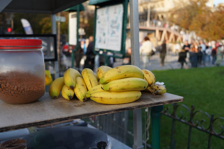 Bananas on the street food stand in Paris, France. Selective focus.の写真素材