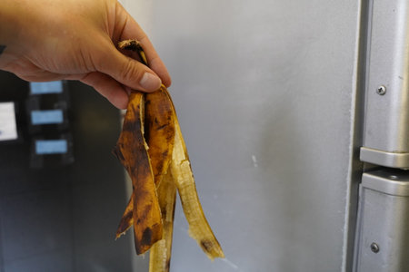 Banana peel in hand on the background of the refrigerator, close-upの写真素材