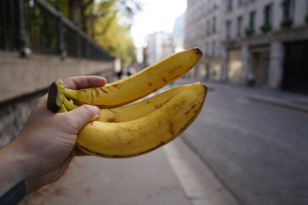 Close up of a man's hand holding two bananas on the streetの写真素材