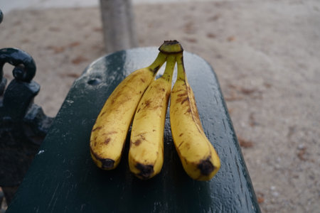 Bunch of bananas on a bench in the park. Selective focus.の写真素材