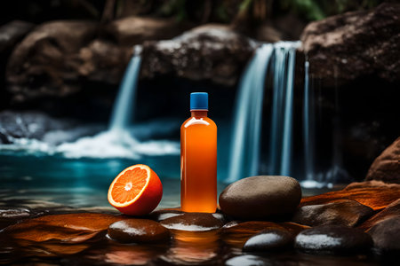 Orange juice in bottle and orange fruit on stone and waterfall background.の素材