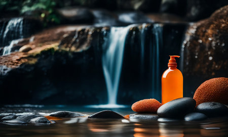 Orange bottle of cosmetic cream or lotion on stone with waterfall background.の素材