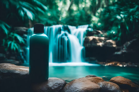 Mockup bottle of shampoo or shower gel on stone with waterfall background.の素材