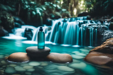 Scented spa bottle on stones with waterfall background. Spa and wellness conceptの素材