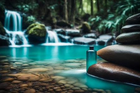 Spa and wellness setting with bottle of essential oil, zen stones and waterfallの素材