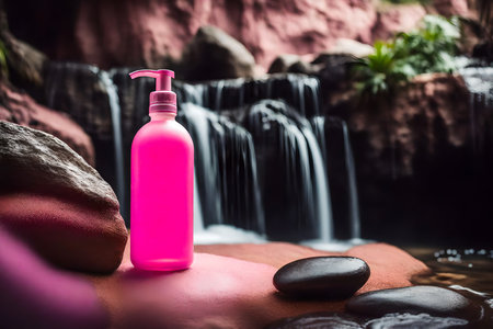 Pink bottle of cosmetic product on stone with waterfall background, spa conceptの素材