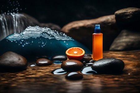 Orange juice in bottle, zen stones and water drops on dark backgroundの素材
