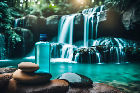 Blue bottle of shampoo and pebbles on stone with waterfall backgroundの素材