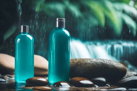 Mockup of two bottles of blue glass shampoo, conditioner or shower gel standing on wet stone with blurred waterfall background.の素材