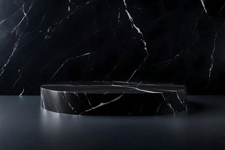 Black marble podium on black marble background, 3d render, square imageの素材
