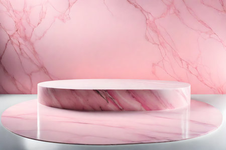 Pink marble podium on white marble background, 3d render illustration.の素材