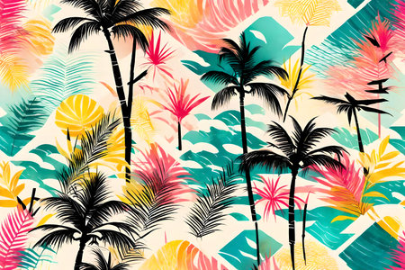 Seamless pattern with silhouettes of palm trees and tropical leavesの素材