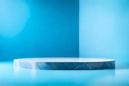 Abstract minimal scene with blue podium on blue background. 3d renderの素材