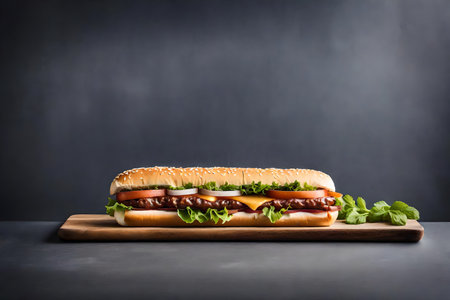 Tasty hamburger on a wooden board on a dark background.の素材
