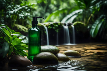Green bottle of cosmetic gel on zen stones with waterfall background.の素材