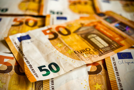 Euro banknotes close-up. Selective focus. Shallow depth of fieldの写真素材