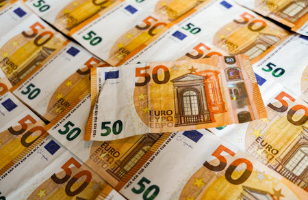 Banknotes of 50 euros as a background. Close-up.