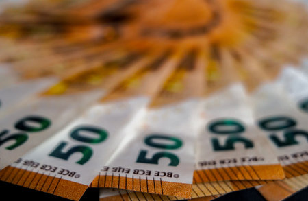 Fifty euro banknotes close-up. Selective focus.の写真素材