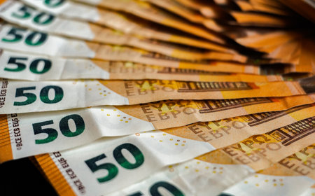 Euro banknotes of 50, 100 and 500 euro close-upの写真素材