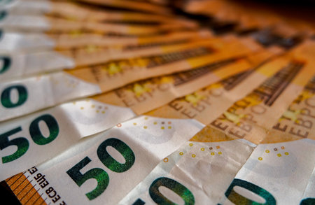 Fifty euro banknotes as a background, close-up.の写真素材