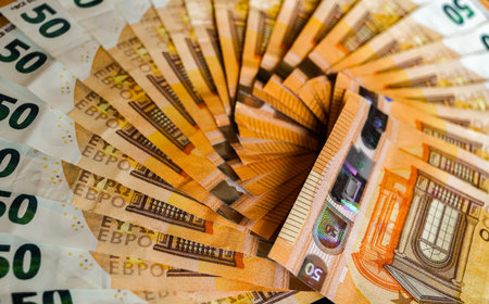 Euro banknotes in a fan close-up. Money background.の写真素材