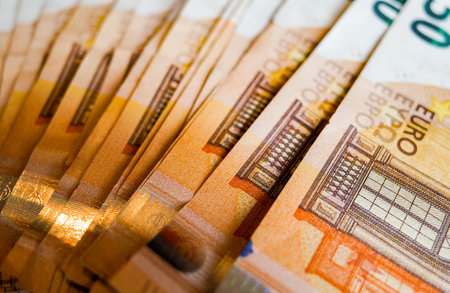 Euro banknotes as a background. Macro shot. Selective focus.の写真素材