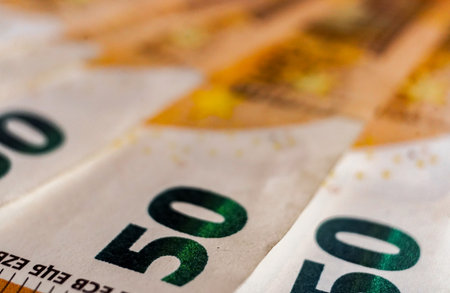 Euro banknotes close-up macro photography, selective focus, shallow DOFの写真素材