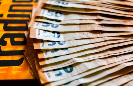 Euro banknotes on the table, close-up, macro.の写真素材