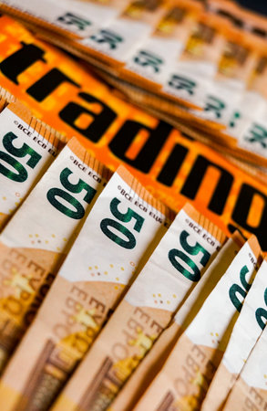 Close-up of 50 euro banknotes in a row. Money backgroundの写真素材