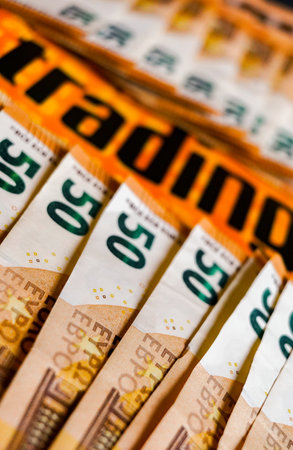 Close-up of the banknotes of 50 and 100 euros.の写真素材