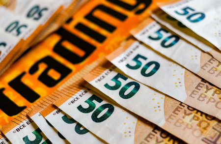 Fifty euro banknotes in a pack as a background close up