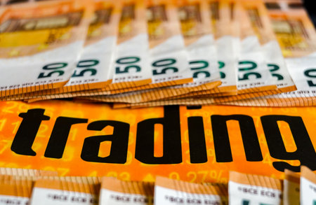 Close-up of a set of fifty euro banknotes in an orange box