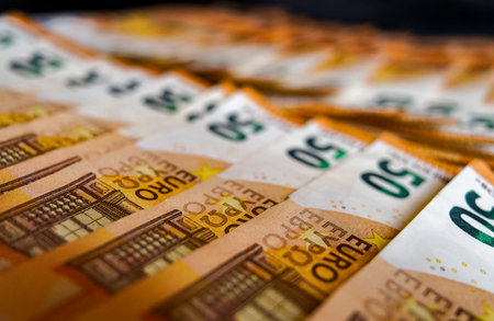Euro banknotes, close-up, selective focus, shallow depth of fieldの写真素材