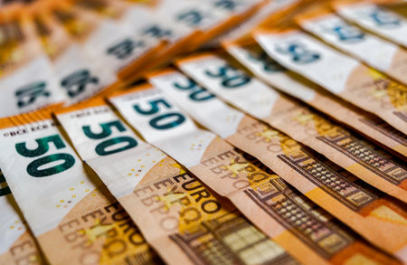 Euro banknotes close-up macro photography, selective focus, blurred backgroundの写真素材