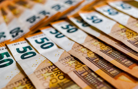 Euro banknotes close-up. Macro photo of euro money.の写真素材