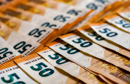 Euro banknotes as background, close-up, selective focus.の写真素材