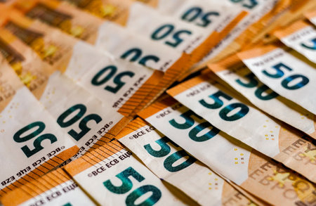 Fifty euro banknotes of different denominations close-up macro photographyの写真素材