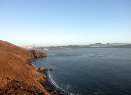 Golden Gate entrance to San Francisco with Bridge and city visible seen from Marin Headlandsの写真素材