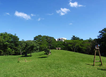 Empty play area with a statue in the center at Parque Nacional in San Jose, Costa Ricaの写真素材