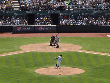 San Francisco Giants 0 Vs. Oakland Athletics 3: As sidearm thrower Brad Ziegler throws a pitch to Freddy Sanchez in the late innings of a game..  Taken May 23 2010 at the Coliseum Oakland California.のeditorial素材