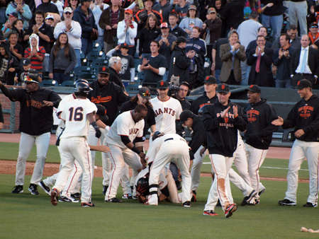 Giants Vs. Marlins: Giants Andres Torres get dog piled by teammates as they try to tap him on the helmet in congragulations after game winning hit.  July 28  2010 Att Park San Francisco Californiaのeditorial素材