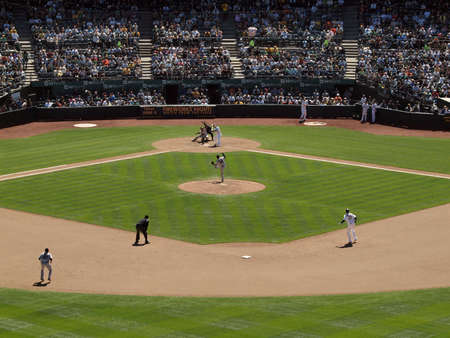 San Francisco Giants 0 Vs. Oakland Athletics 3: Giants Santiago Casilla fires a high pitch to A's Jake Fox with runner Ryan Sweeney on second.  Taken May 23 2010 at the Coliseum Oakland California.のeditorial素材