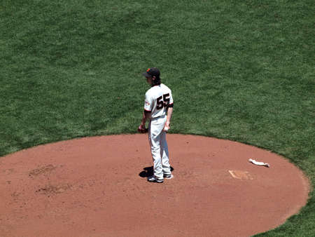 Giants Vs. Orioles: Giants two time Cy Young award winner Tim Lincecum stands on the mount during a day game.  June 16 2010 Att Park San Francisco Californiaのeditorial素材